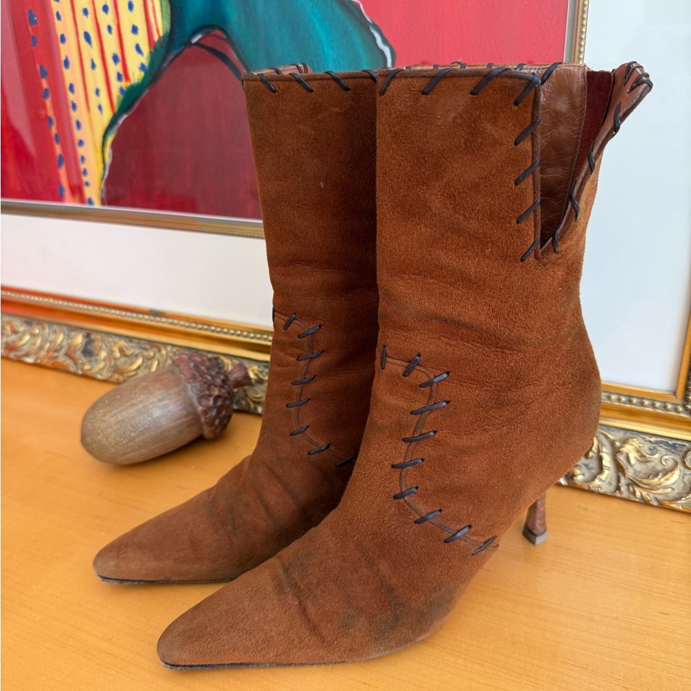 Manolo Blahnik Brown Suede Heeled Boots - Picture 2 of 6